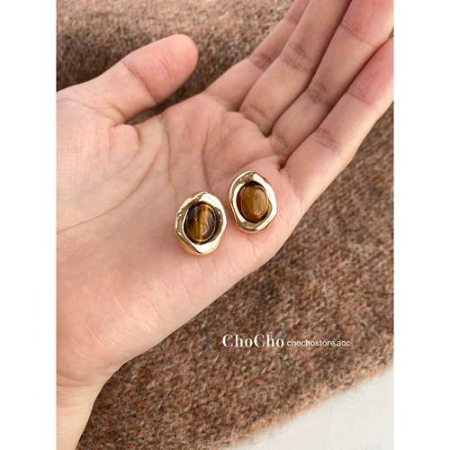 chocho/焦糖栗子棕 925银针秋冬复古美拉德高级感耳钉气质耳饰女 - 图1