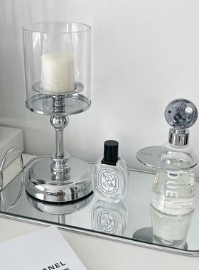 北欧轻奢镜面玻璃收纳托盘水果盘金属银色简约拍摄道具桌面装饰品