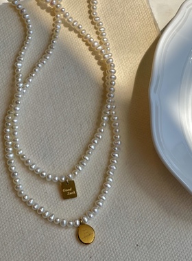 ins轻奢天然淡水珍珠幸运女神时尚方牌刻字吊坠锁骨项链颈链