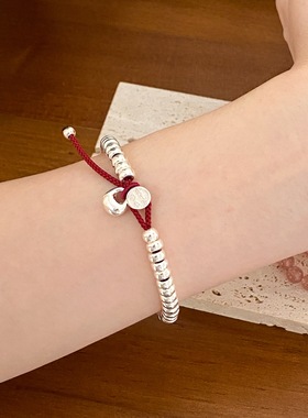 平安喜乐转运珠算盘s925纯银手链重工小众红绳手环ins风百搭手串