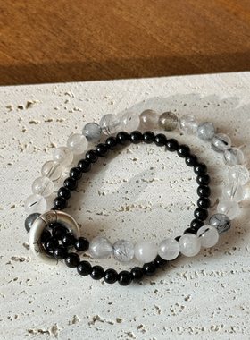 新中式黑玛瑙黑发晶禅意风双圈叠戴S999足银平安扣跑环手串高级感