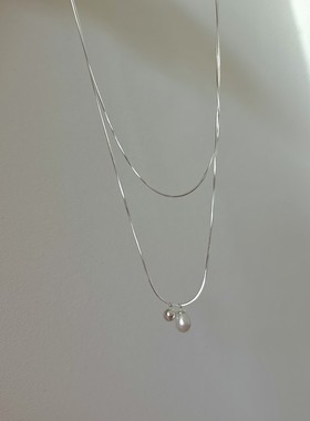 小众高级感单颗质感珍珠项链女夏季锁骨链双层蛇骨链轻奢叠戴