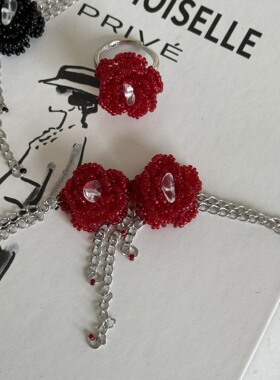 复古港式甜酷风深红色花瓣串珠choker项链戒指手工编织水晶花流苏