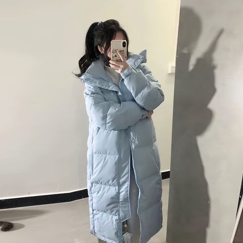 韩国高级感中戏蓝色连帽羽绒棉服女冬2025新款宽松百搭情侣面包服 - 图1