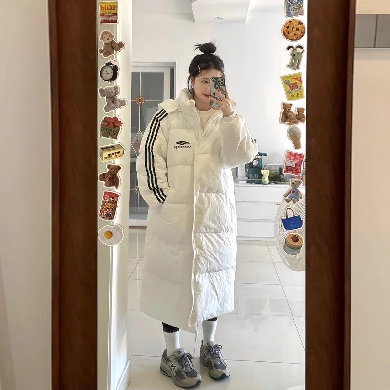 超好看三条杠长款连帽羽绒棉袄女2025冬季新款韩版宽松洋气面包服,淘宝优惠券,粉丝福利购,淘宝优惠卷