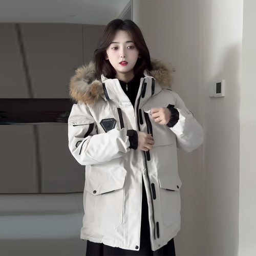 韩国情侣工装白鸭绒外套男女冬加厚2025年新款宽松户外派克羽绒服 - 图1