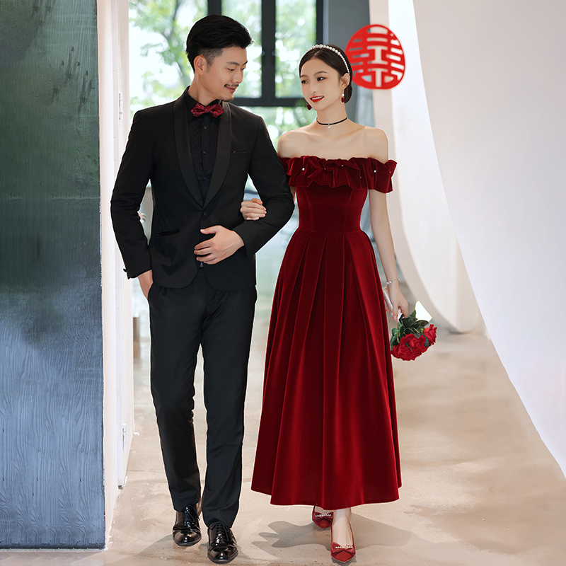 一字肩敬酒服2024新款新娘小个子订婚连衣裙礼服红色高级感裙子女_虎窝淘