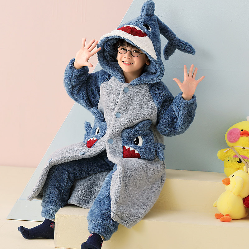 男童清纯可爱小鲨鱼保暖珊瑚绒睡衣 冉影睡袍/浴袍
