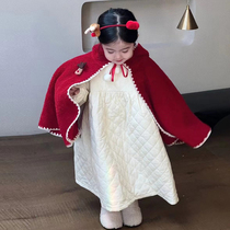 Girls Christmas red cape jacket 2023 autumn and winter new female baby cute even cap lamb cashmere cloak