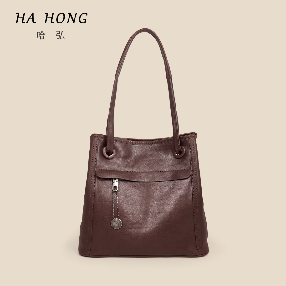 Hahong first-layer cowhide classic large-capacity armpit bag bucket bag new retro commuter tote bag lazy and relaxed