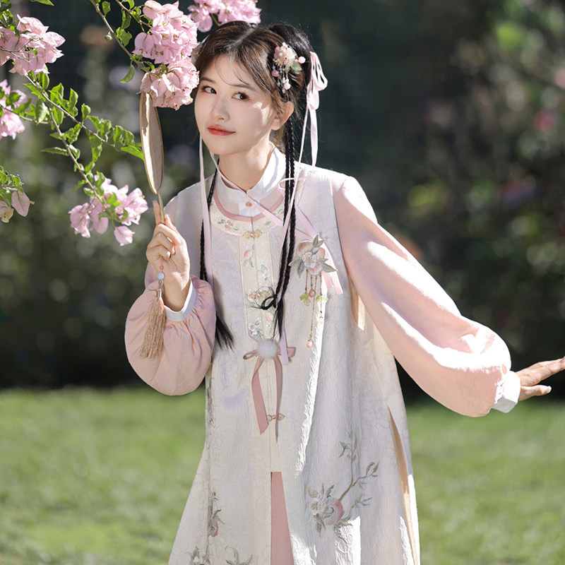 七月夕原创汉服桃枝甘露汉元素泡泡袖连衣裙绣花圆领长比甲女_虎窝淘