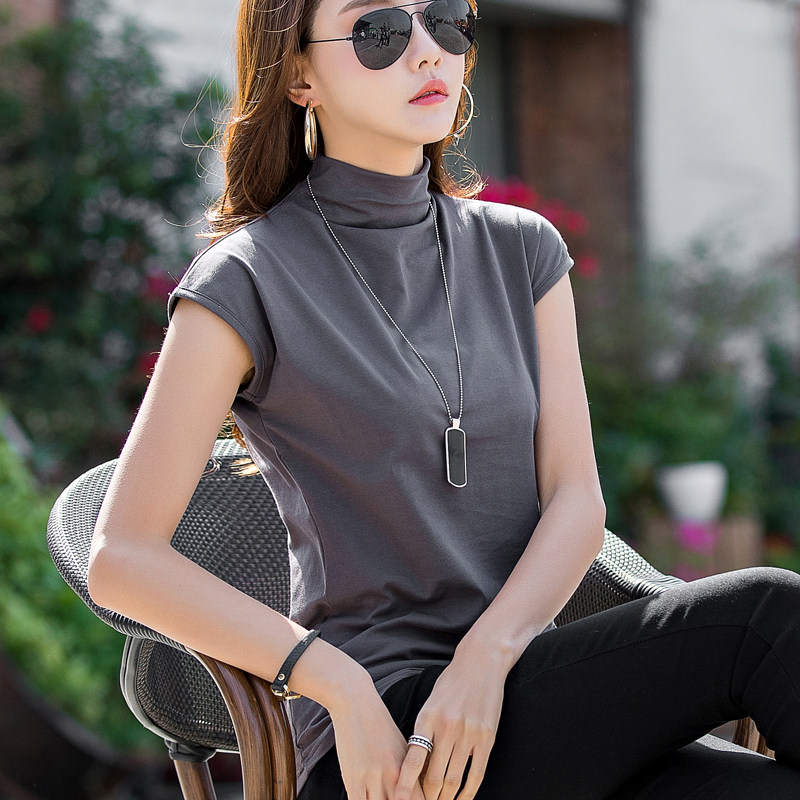 2020新款半高领短袖t恤女宽松纯色 屮果T恤