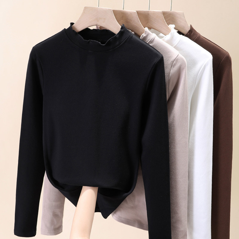 半高领秋冬磨毛木耳边长袖打底衫 屮果T恤