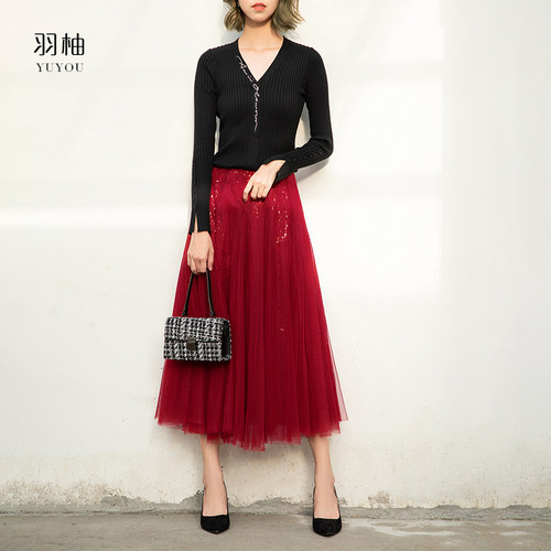 羽柚复古酒红亮片网纱半身裙春秋女a字裙高腰显瘦遮跨裙子大摆裙 - 图1