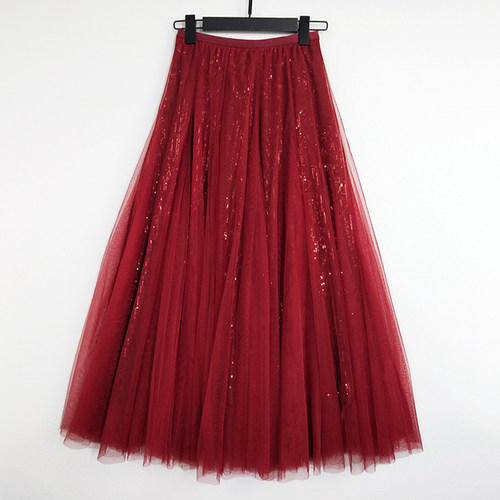 羽柚复古酒红亮片网纱半身裙春秋女a字裙高腰显瘦遮跨裙子大摆裙 - 图2