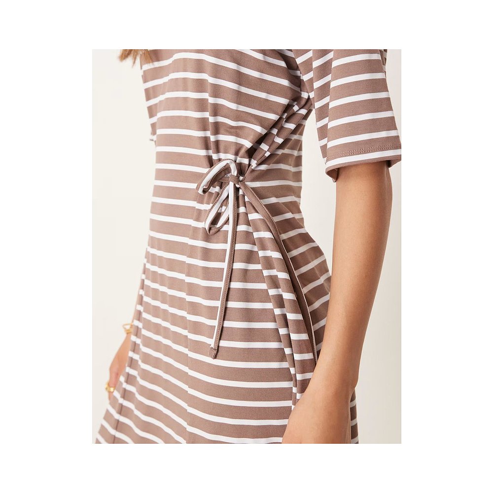1h可退 潮奢 ASOS 女士 设计条纹紧身迷你束带侧边棕色连衣裙 - 图1
