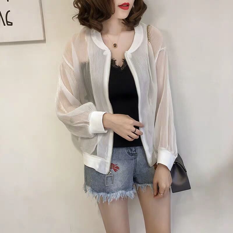 evaluate旗舰店欧根纱亮丝防晒衣女春夏季新款大码防紫外线棒球服开衫短外套0