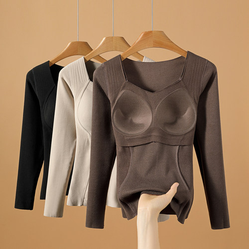 2025冬季保暖内衣女长袖带胸垫一体加厚加绒石墨烯发热打底衫上衣 - 图1