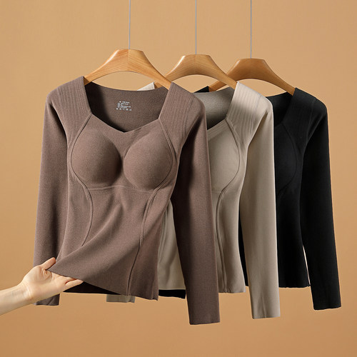 2025冬季保暖内衣女长袖带胸垫一体加厚加绒石墨烯发热打底衫上衣 - 图2