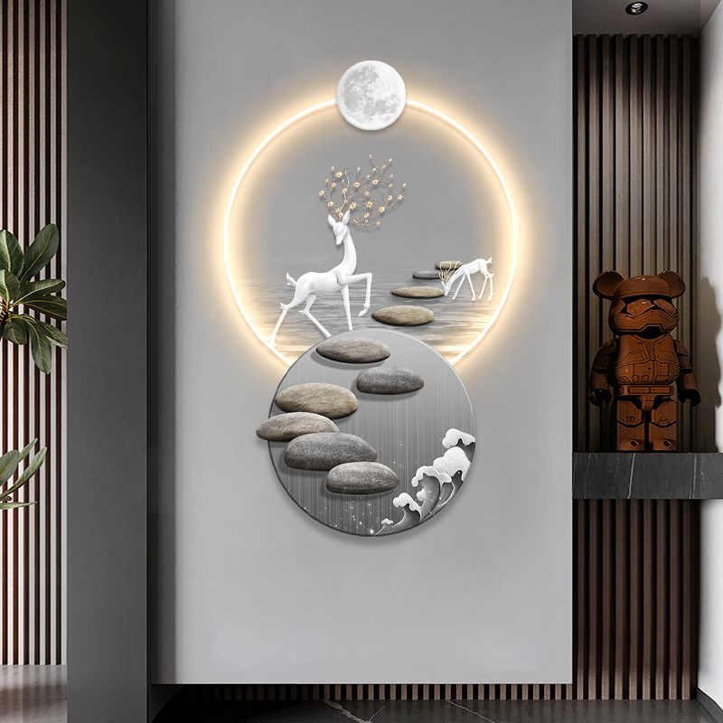 石来运转入户玄关装饰画发光灯画轻奢高级感简约走廊过道尽头挂画