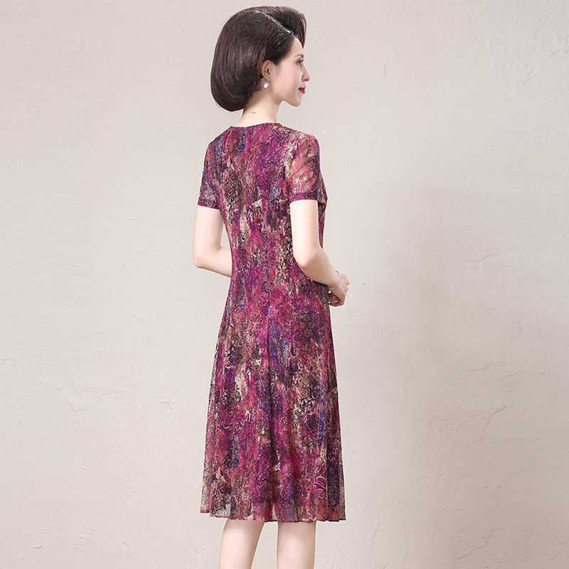 台湾网纱短袖弹力夏季50岁连衣裙 妍淑俪中老年女装