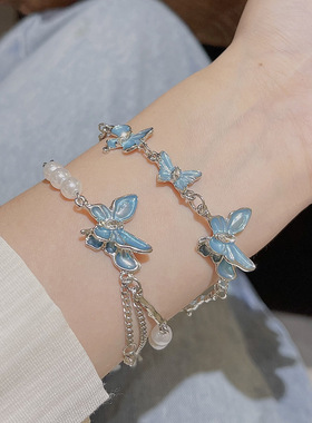 蓝色蝴蝶项链不掉色女夏季甜酷高级感锁骨链轻奢小众颈链吊坠配饰