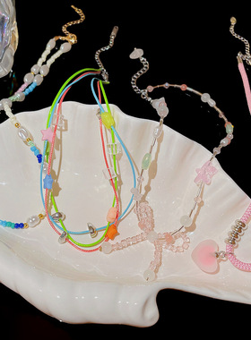 新中式七彩项链夏季女高级感国风复古吊坠小众锁骨链饰品串珠配饰