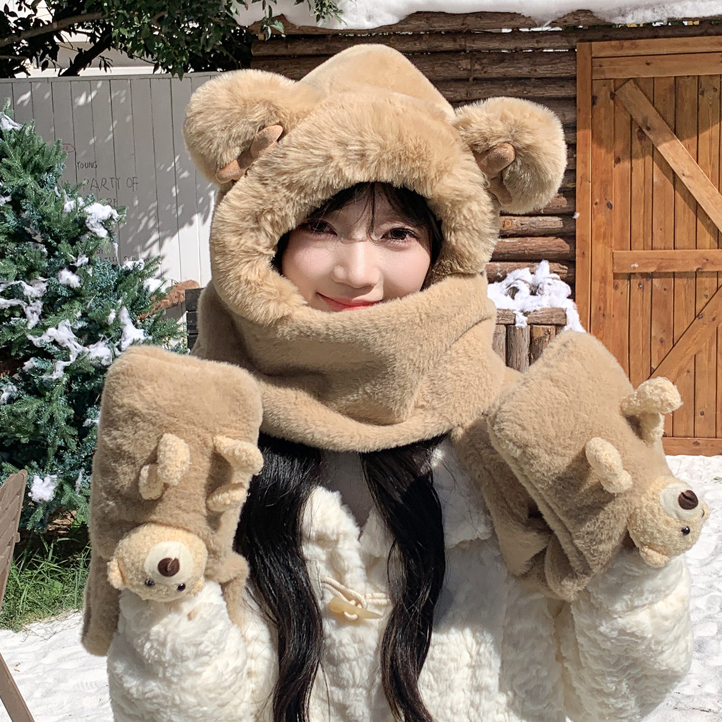 小熊帽子女冬季韩版围巾三件套冬天毛绒连帽一体保暖手套护耳围脖