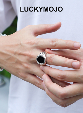 高级感S925纯银黑玛瑙戒指男士