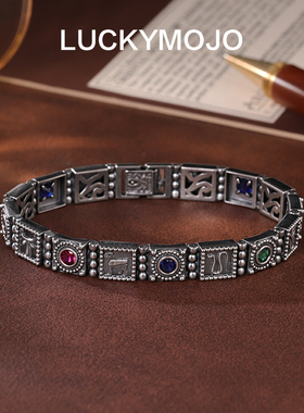 LUCKYMOJOS925银手链复古做旧秘境银手链拼接男女时尚小众手饰