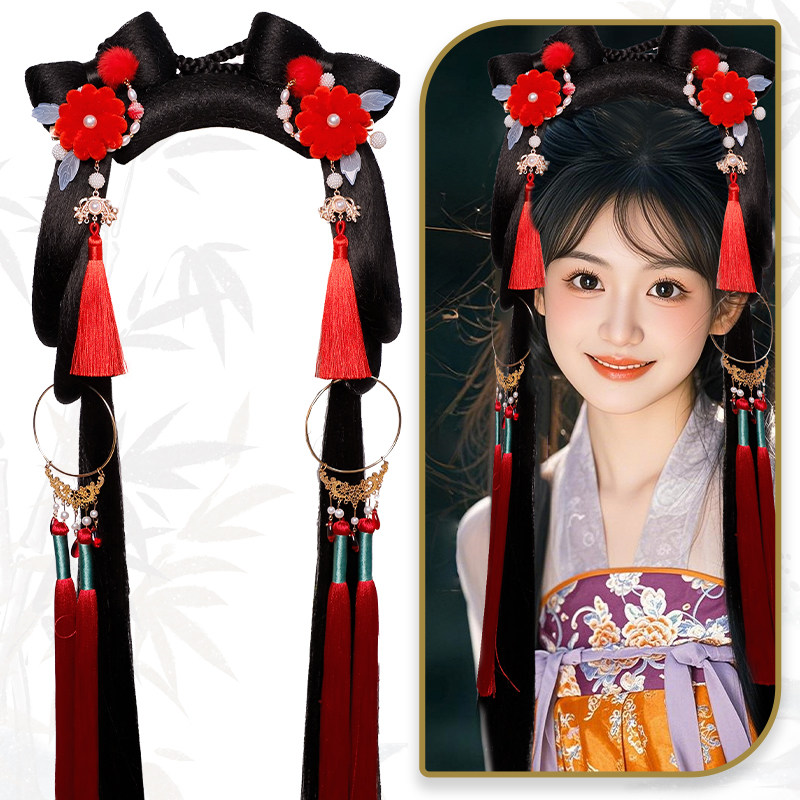 汉服假发喜庆组合套装蝴蝶结日常发包古装头饰小财神发冠饰品组合,淘宝优惠券,粉丝福利购,淘宝优惠卷