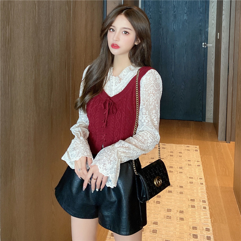 韩国秋装新款无袖针织马甲女打底衫 绿筱蕾丝衫/雪纺衫