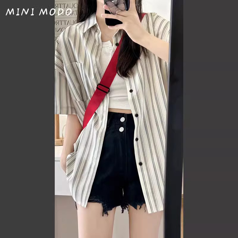 MINI MODO港风条纹衬衫女吊带背心夏季短袖小众设计高级感套装女 - 图0