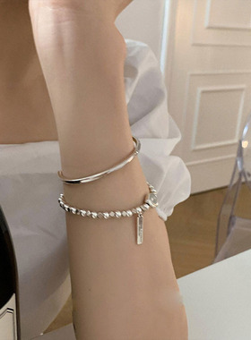 韩国串珠碎银子手链新款ins小众设计笑脸银手镯