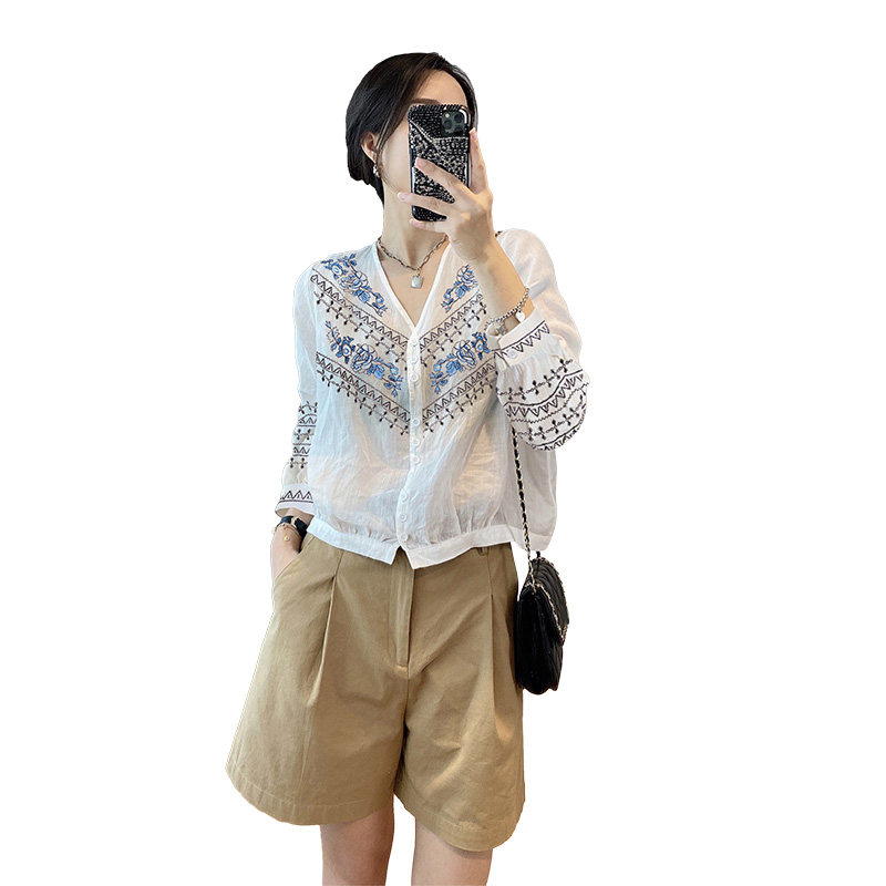 条纹v领长袖早春季2022新款衬衫 紫陌悠衬衫