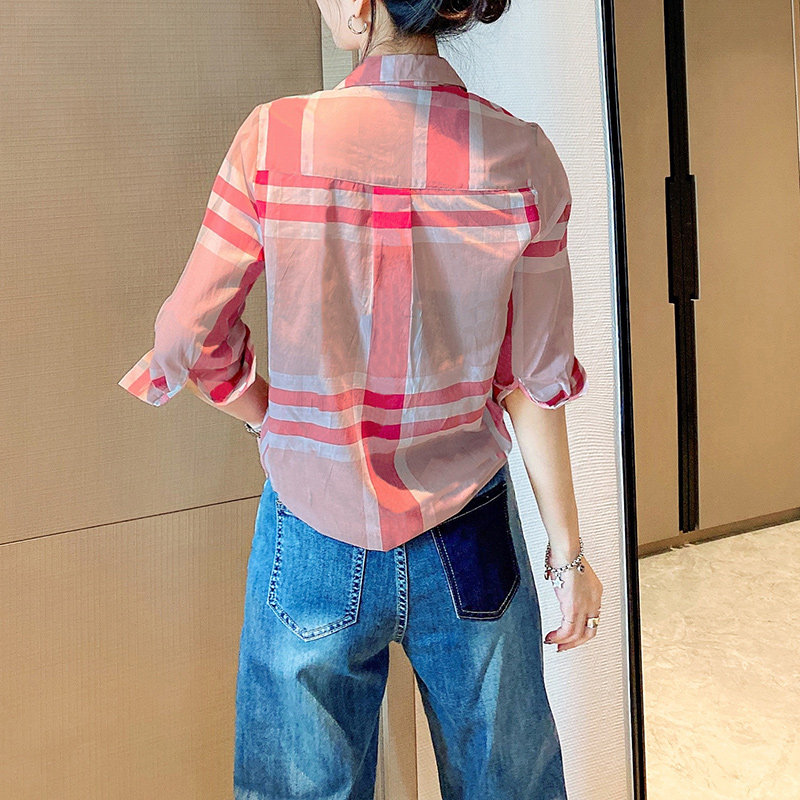 复古格子设计感小众港风花色衬衫 紫陌悠衬衫