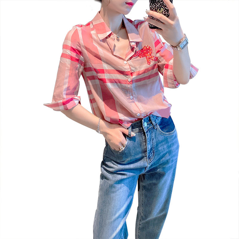 复古格子设计感小众港风花色衬衫 紫陌悠衬衫