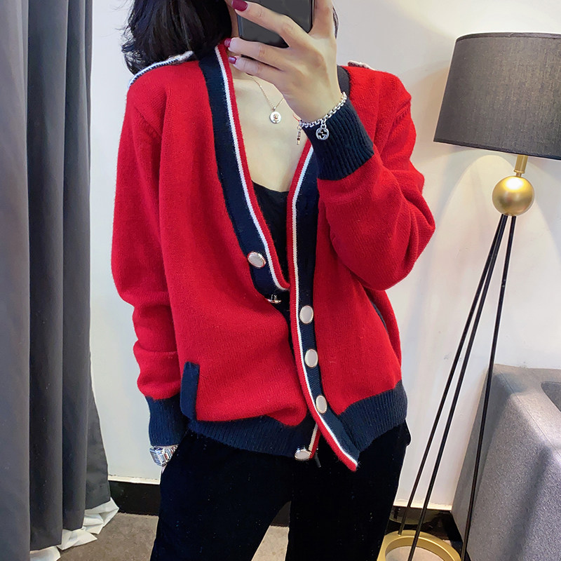 本命年车厘子红性感v领针织开衫 紫陌悠毛针织衫