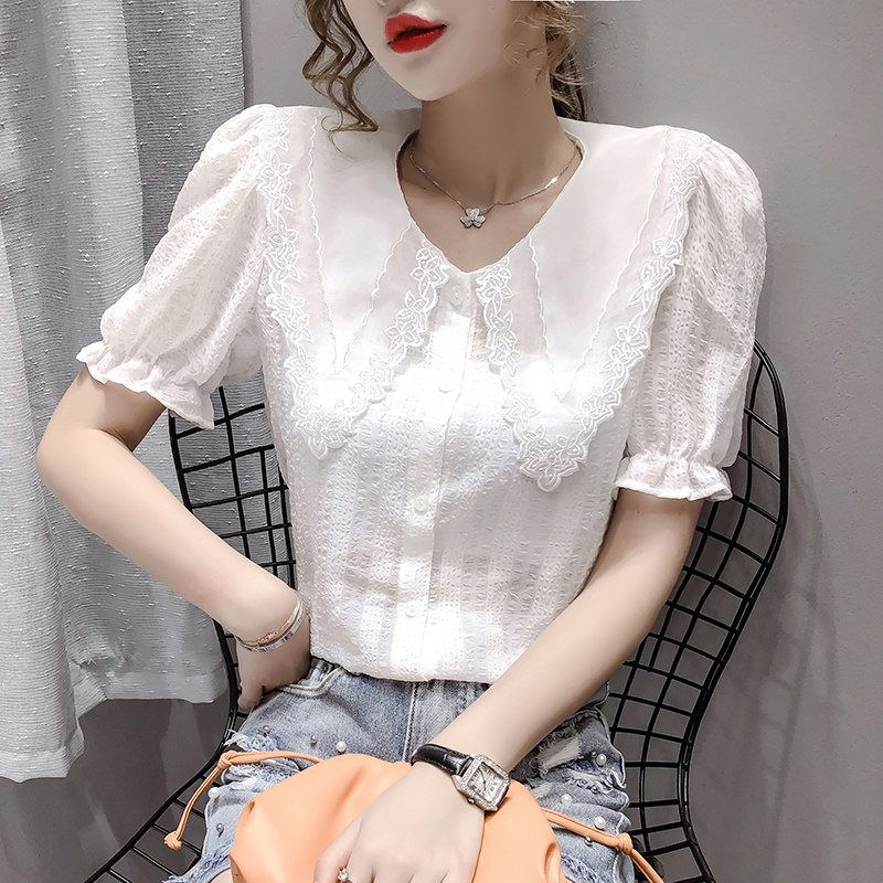 夏季新款洋气韩版超仙气质雪纺衬衫 佐丹莱蕾丝衫/雪纺衫