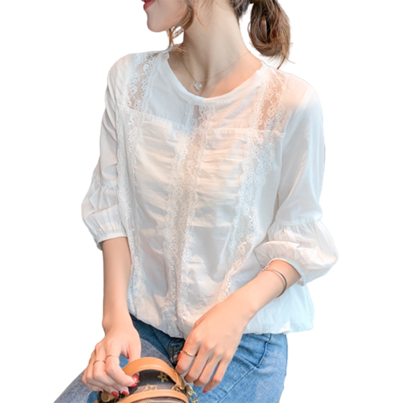 白色蕾丝女夏2020新款七分雪纺衬衣 佐丹莱蕾丝衫/雪纺衫