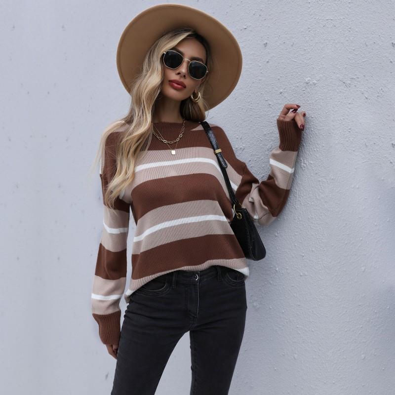 2021 brown long-sleeved striped round neck sweater women毛衣 - 图0