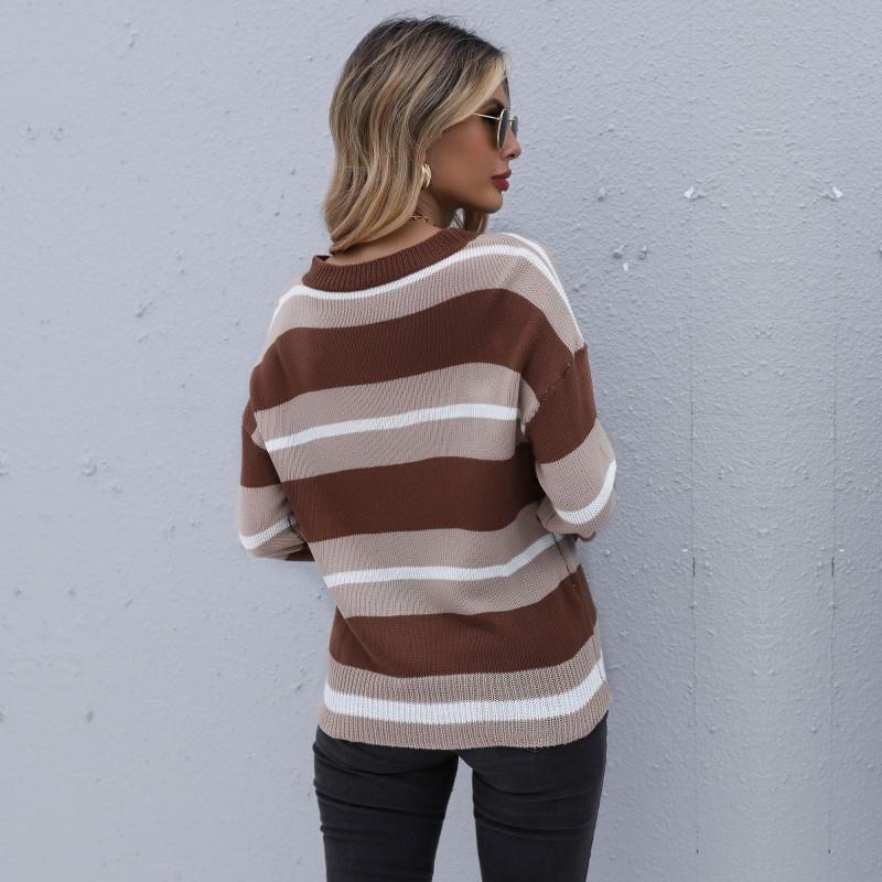 2021 brown long-sleeved striped round neck sweater women毛衣 - 图2