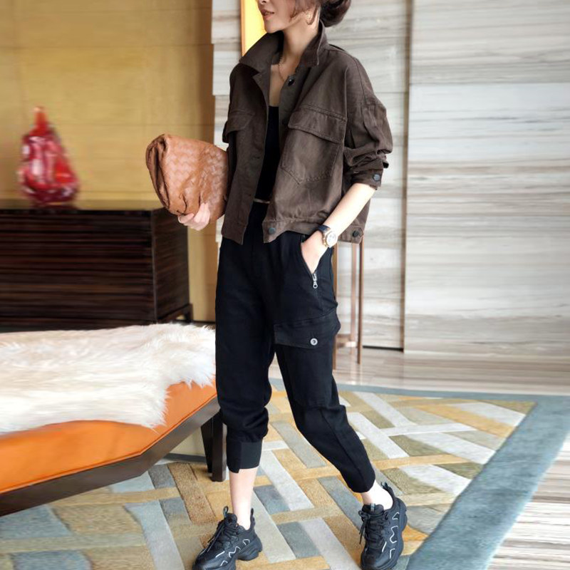 红色工装牛仔短款小个子薄款夹克 赛美意女装短外套