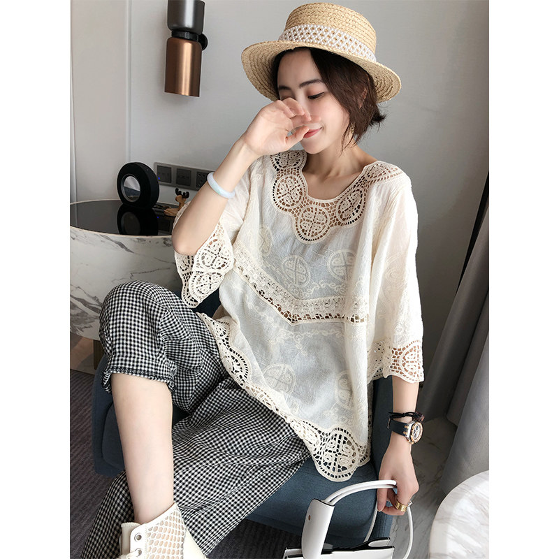 镂空泡泡袖蕾丝小衫女宽松纯色衬衫 赛美意女装蕾丝衫/雪纺衫