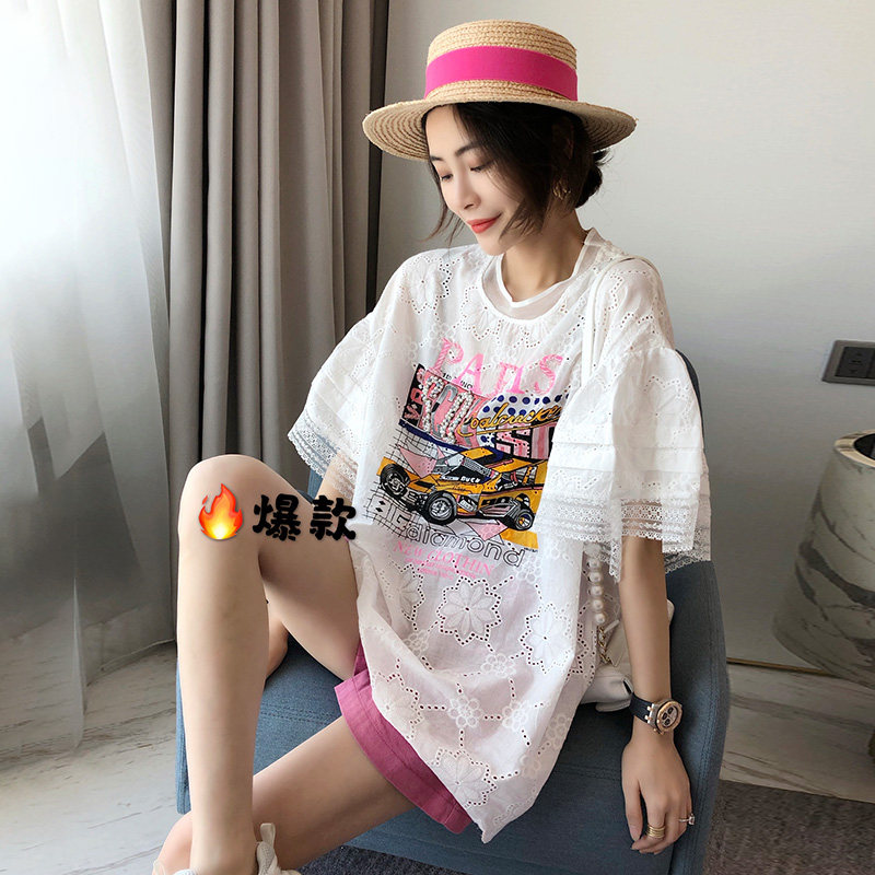 镂空蕾丝边喇叭袖女中长款2020 t恤 赛美意女装蕾丝衫/雪纺衫