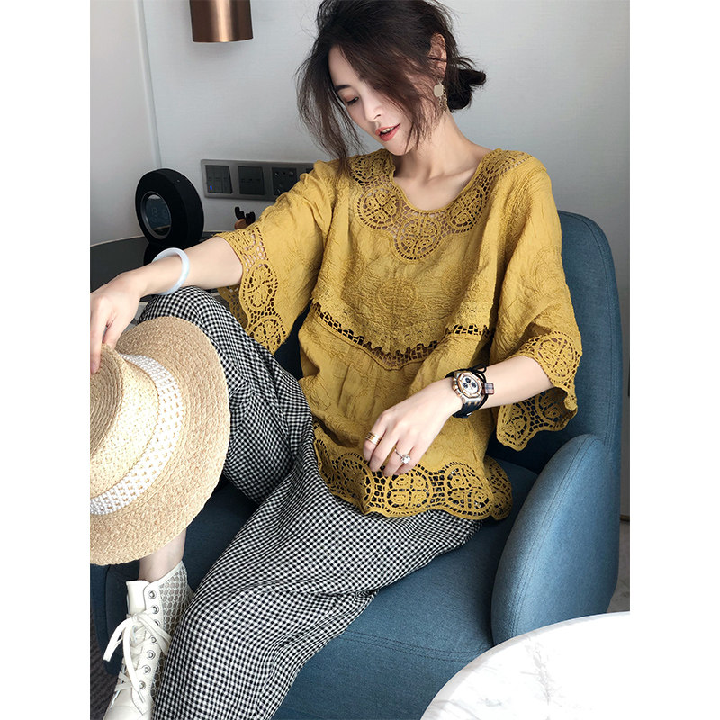 镂空泡泡袖蕾丝小衫女宽松纯色衬衫 赛美意女装蕾丝衫/雪纺衫
