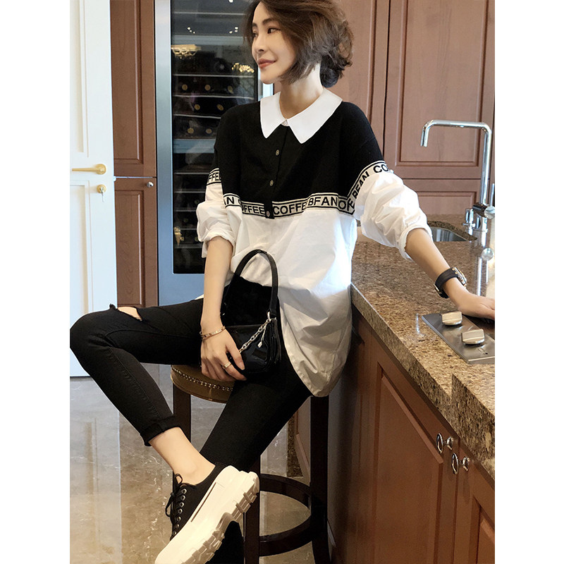 秋季拼接长袖宽松休闲欧货早衬衫 赛美意女装衬衫