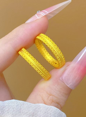 5D硬金黄金腰缠万贯戒指女999足金新款气质镂空花丝指环送礼正品