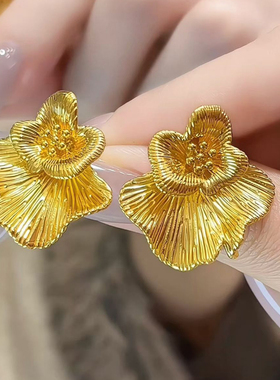5D硬金黄金富贵花耳钉女999足金新款大气花朵耳环纯金耳饰送老婆