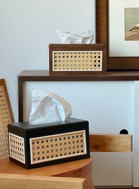 中古风实木藤编客厅纸巾盒摆件